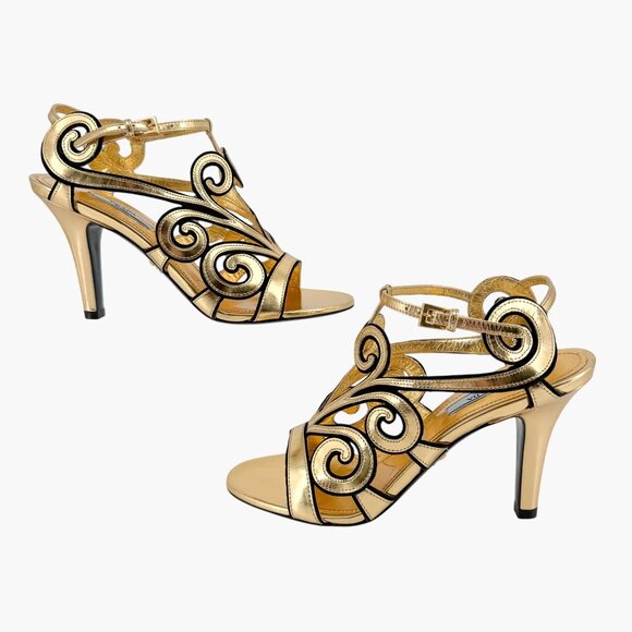 Prada Baroque Gold Caged Sandals Size 37.5 US 7.5 Cutout Metallic Leather Heels - Picture 9 of 15